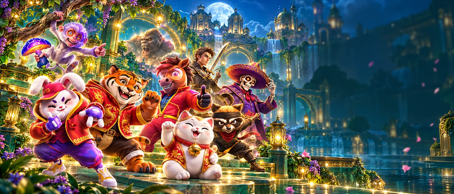 รวมตัวละครเกม PG SLOT ในสวนพระราชวังแฟนตาซียามค่ำคืน - PG-24H