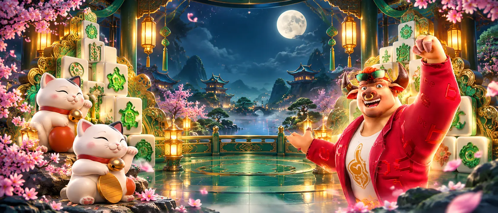 ภาพประกอบสร้างใหม่จากลายไพ่ Mahjong Ways 2 กับ Lucky Neko และ Fortune Ox